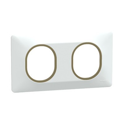 Schneider - Ovalis - Plaque de finition - 2 postes Horizontal - 71mm - Blanc bague Laiton - Réf : S320704D