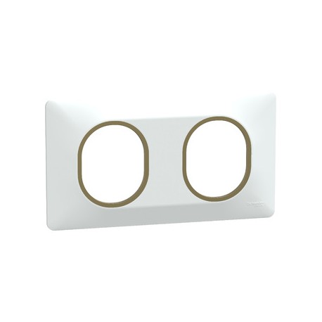 Schneider - Ovalis - Plaque de finition - 2 postes Horizontal - 71mm - Blanc bague Laiton - Réf : S320704D