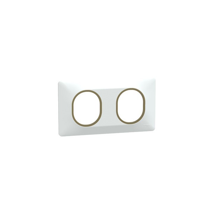 Schneider - Ovalis - Plaque de finition - 2 postes Horizontal - 71mm - Blanc bague Laiton - Réf : S320704D