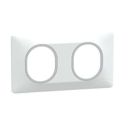 Schneider - Ovalis - Plaque de finition - 2 postes Horiz - 71mm - Blanc bague Argent Chromé - Réf : S320704F