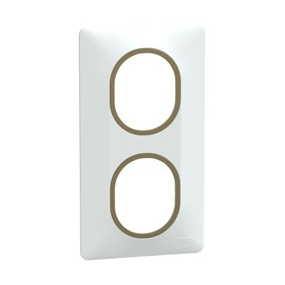 Schneider - Ovalis - Plaque de finition - 2 postes Vertical - 71mm - Blanc bague Laiton - Réf : S320724D