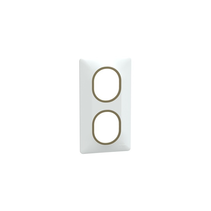 Schneider - Ovalis - Plaque de finition - 2 postes Vertical - 71mm - Blanc bague Laiton - Réf : S320724D