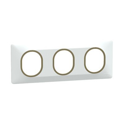 Schneider - Ovalis - Plaque de finition - 3 postes Horizontal - 71mm - Blanc bague Laiton - Réf : S320706D