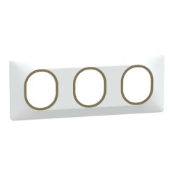 Schneider - Ovalis - Plaque de finition - 3 postes Horizontal - 71mm - Blanc bague Laiton - Réf : S320706D