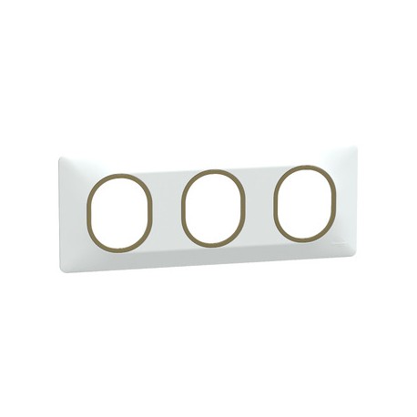 Schneider - Ovalis - Plaque de finition - 3 postes Horizontal - 71mm - Blanc bague Laiton - Réf : S320706D