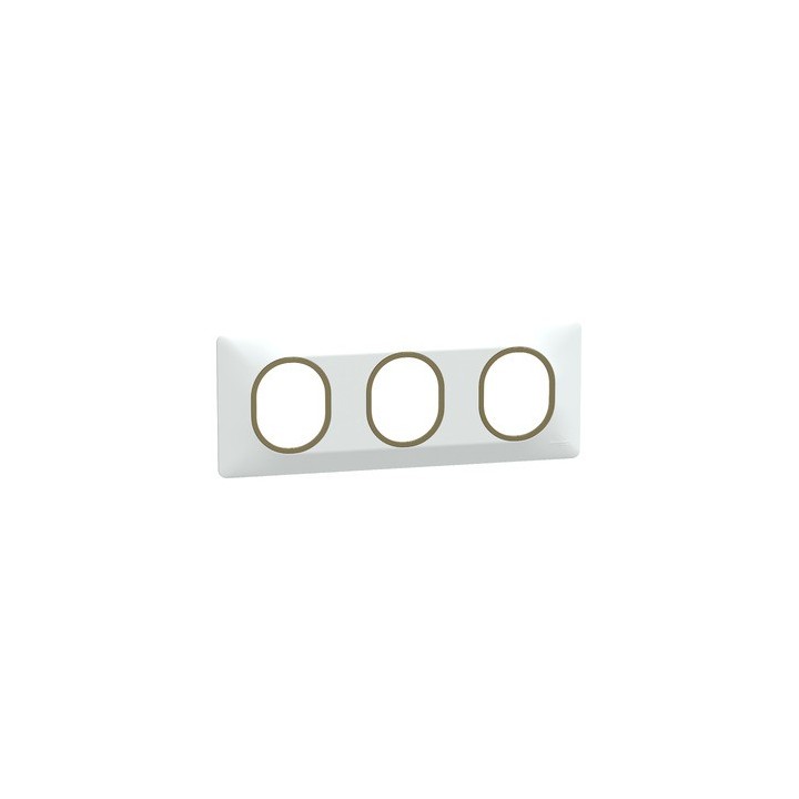 Schneider - Ovalis - Plaque de finition - 3 postes Horizontal - 71mm - Blanc bague Laiton - Réf : S320706D