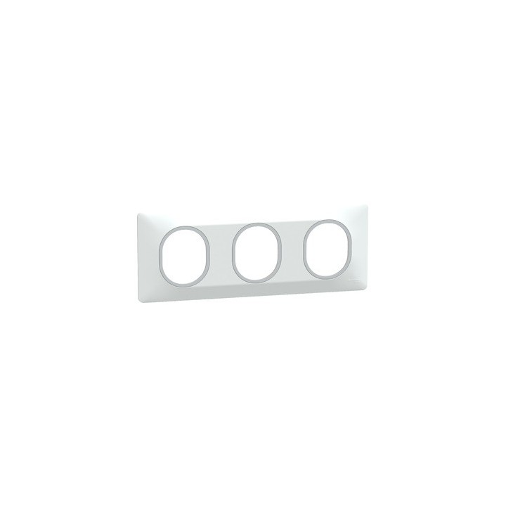 Schneider - Ovalis - Plaque de finition - 3 postes Horizontal - 71mm - Blanc bague Argent Chromé - Réf : S320706F