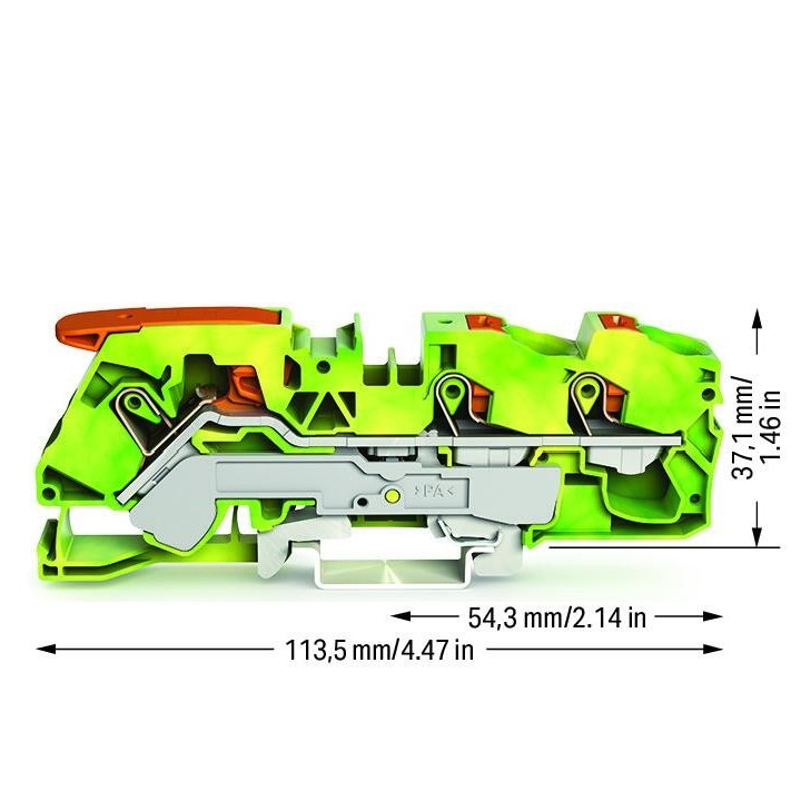 Wago - TOPJOB®S - Borne de passage à levier - 3 fils - 16mm² - vert/jaune - Réf : 2116-5307