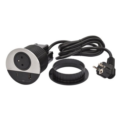 Legrand Incara - Disq80 avec 1 prise F/B,1 USB A+C 15W et 1 cordon de 2m avec fiche - métal - Réf : 655042