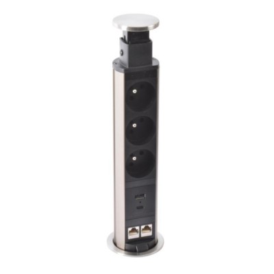 Legrand Incara - Tower 60 Ø60mm à encastrer - 3 prises 2P+T, 2xRJ45 et 1 chargeur USB TypeA+C avec cordon - Réf : 654971