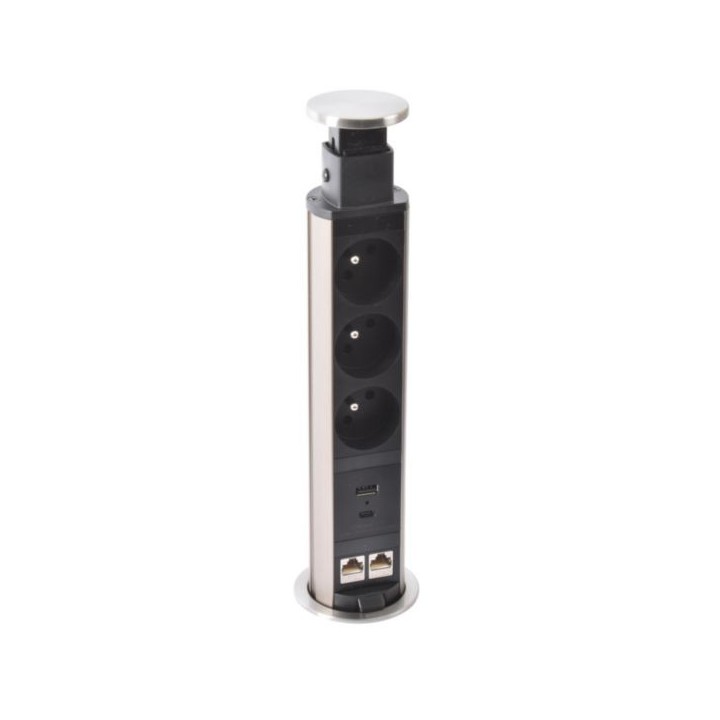Legrand Incara - Tower 60 Ø60mm à encastrer - 3 prises 2P+T, 2xRJ45 et 1 chargeur USB TypeA+C avec cordon - Réf : 654971