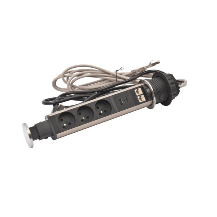 Legrand Incara - Tower 60 Ø60mm à encastrer - 3 prises 2P+T, 2xRJ45 et 1 chargeur USB TypeA+C avec cordon - Réf : 654971