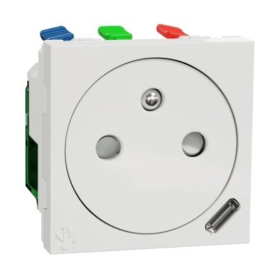 Schneider Unica - Prise 2P+T affl FR + USB C 10,5W - 90° - rap - 2 mod - Blanc - méca seul - Réf : NU301518