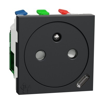 Schneider Unica - Prise 2P+T affl FR + USB C 10,5W - 90° - rap - 2 mod - Anthr - méca seul - Réf : NU301554