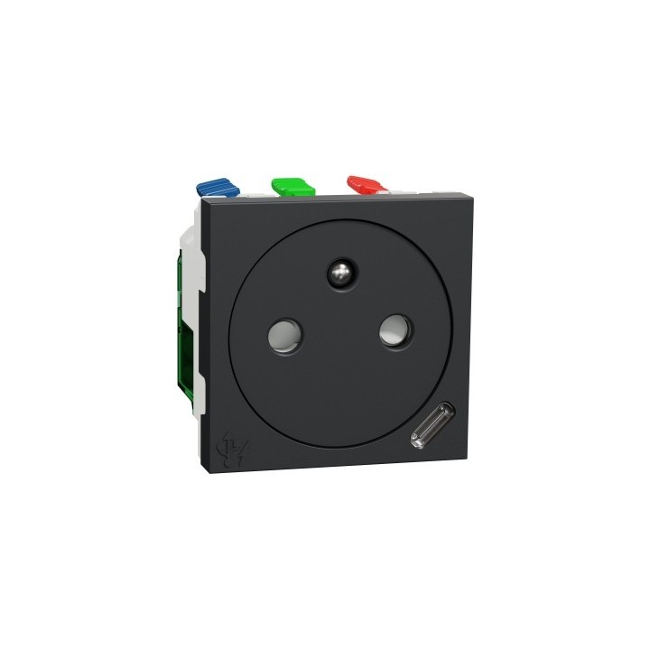 Schneider Unica - Prise 2P+T affl FR + USB C 10,5W - 90° - rap - 2 mod - Anthr - méca seul - Réf : NU301554