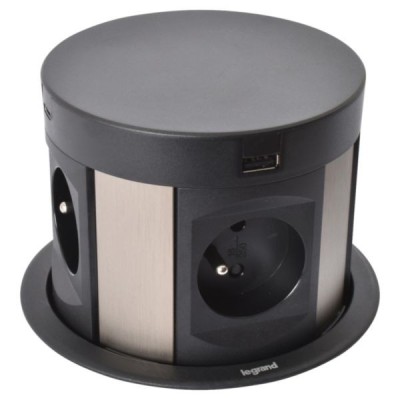 Legrand Incara - Tower 120 Ø121mm à encastrer dans mobilier avec 4 prises 2P+T , 4 chargeurs USB et cordon - Réf : 654980