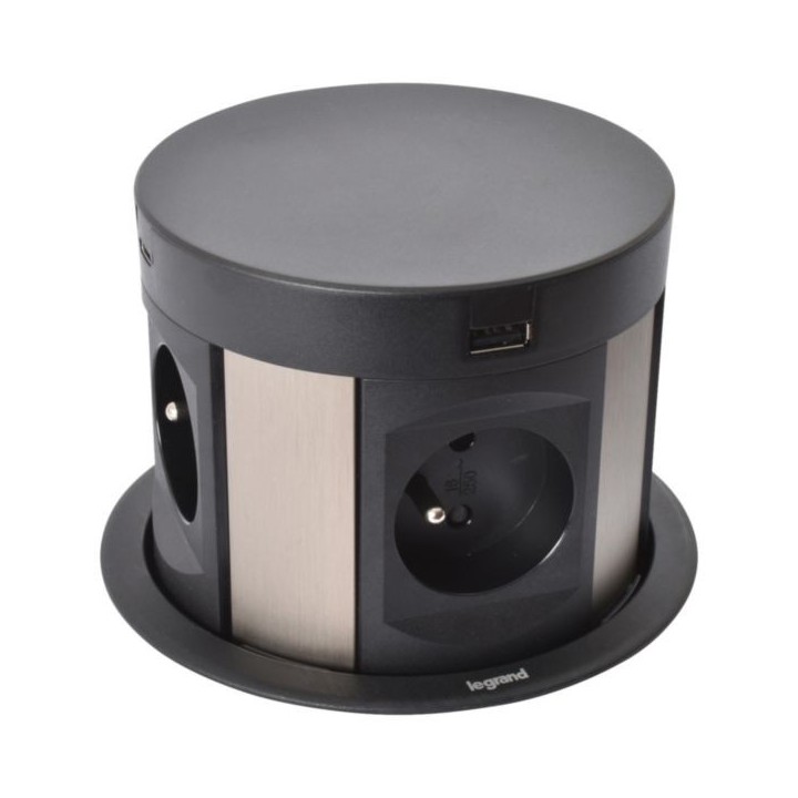 Legrand Incara - Tower 120 Ø121mm à encastrer dans mobilier avec 4 prises 2P+T , 4 chargeurs USB et cordon - Réf : 654980