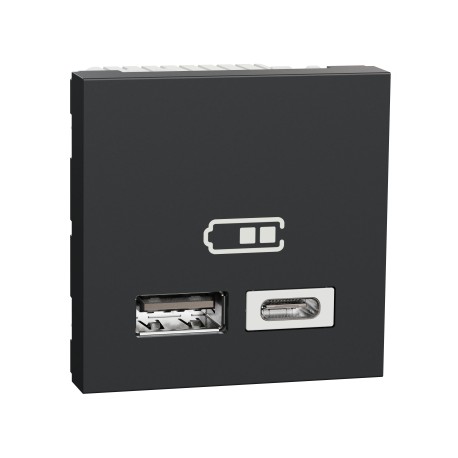 Schneider Unica - Chargeur USB double - 5Vcc - 2,4A type A+C - 2 modul - anthr - méca seul - Réf : NU301854