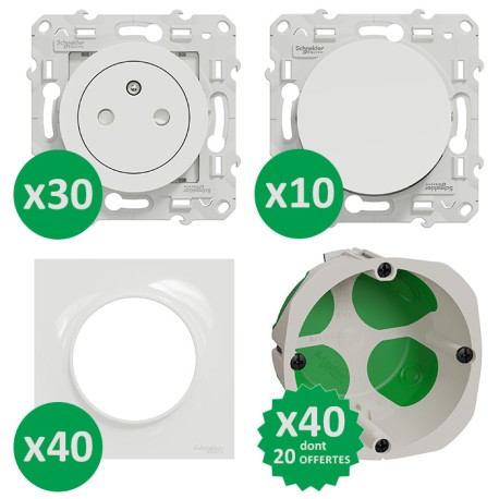 Schneider Probox Odace - Lot de 30 prises + 10 va-et-vient + 40 plaques + 40 boîtes dont 20 offertes - Blanc - Réf : PBX0004