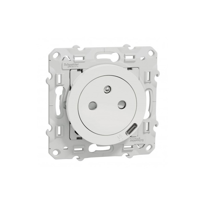 Schneider Odace - Prise de courant 2P+T + USB Type-C affleurante blanc complet - Réf : S520089-P