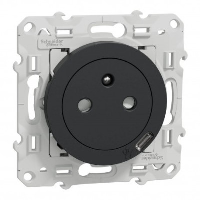 Schneider Odace - Prise de courant 2P+T + USB Type-C affleurante anthracite complète - Réf : S540089-P