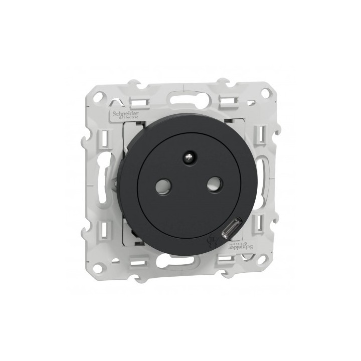 Schneider Odace - Prise de courant 2P+T + USB Type-C affleurante anthracite complète - Réf : S540089-P