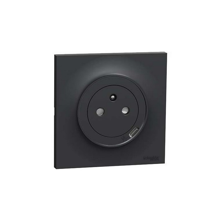 Schneider Odace - Prise de courant 2P+T + USB Type-C affleurante anthracite complète - Réf : S540089-P