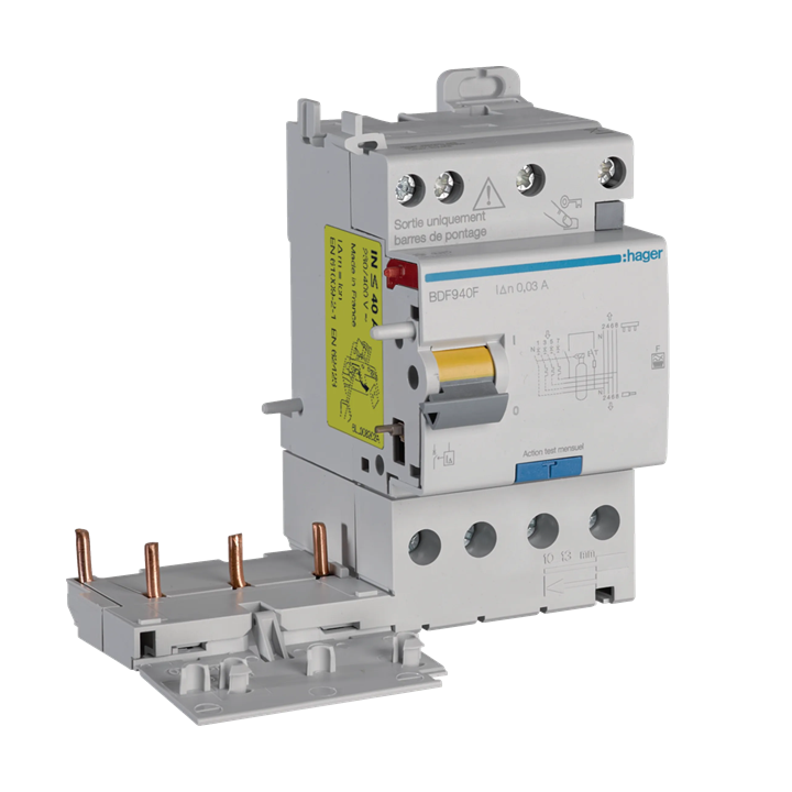 HAGER - Bloc différentiel double sortie 3P+N - 40A - 30mA - type F à bornes décalées - Réf : BDF940F