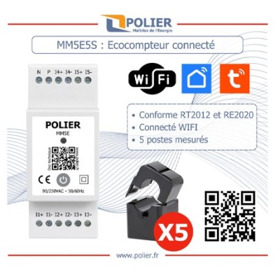 Polier - Ecocompteur monophasé connecté WIFI 5 postes (RT2012 - RE2020) - 2 modules - 5 TC ouvrants inclus - Réf : MM5E5C