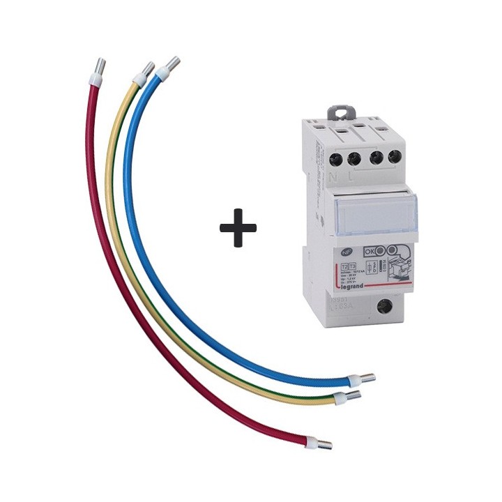 Kit Parafoudre + 3 cordons de raccordement - 16mm² - 40cm - Rouge - bleu - vert/jaune - Réf : VRH40-L-003951