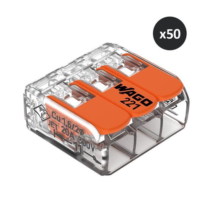 Wago - 50 Bornes de raccordement COMPACT - 3 conducteurs - Réf : 221-413(50)
