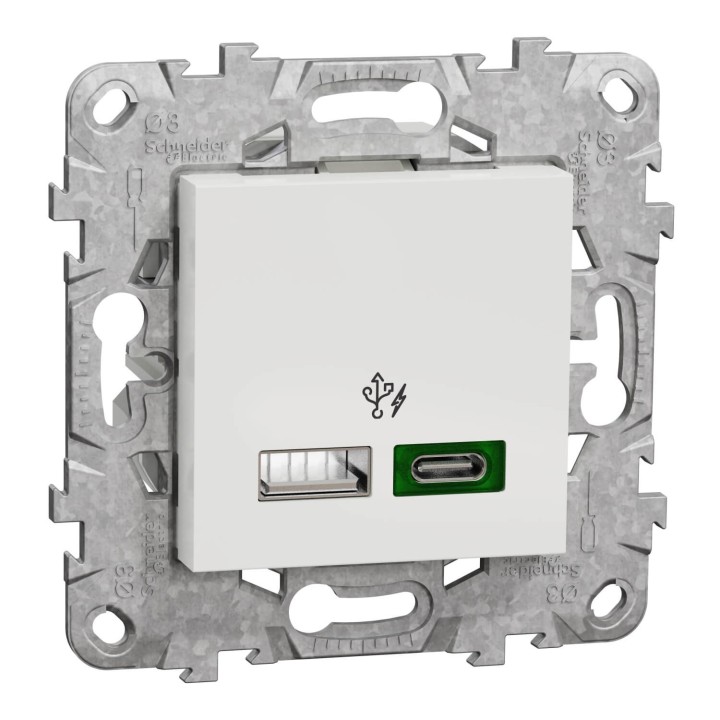 Schneider Unica - Unica - prise chargeur USB - C 45W + A 7,5W - blanc - méca support fix - Réf : NU501318