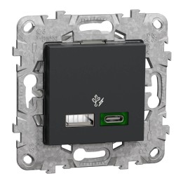 Schneider Unica - prise chargeur USB - C 45W + A 7,5W - anthracite - méca support fix - Réf : NU501354