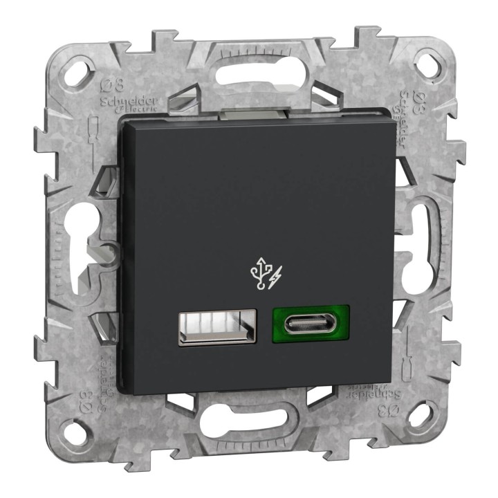 Schneider Unica - prise chargeur USB - C 45W + A 7,5W - anthracite - méca support fix - Réf : NU501354