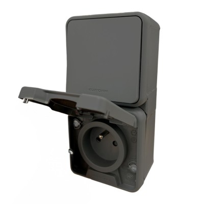 Eur'ohm Oxxo - Va-et-vient + Prise 2P+T anthracite - 16A IP44 - Vertical - Réf : 60837