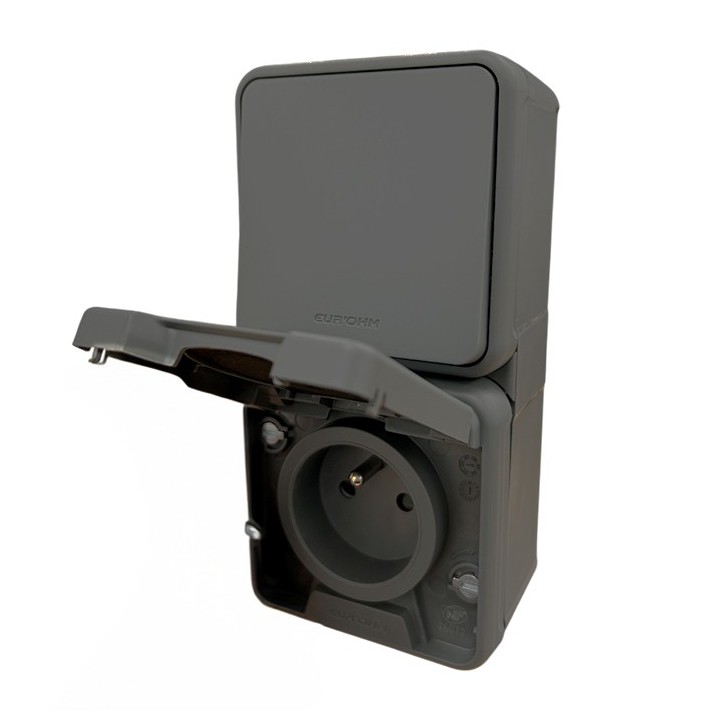 Eur'ohm Oxxo - Va-et-vient + Prise 2P+T anthracite - 16A IP44 - Vertical - Réf : 60837