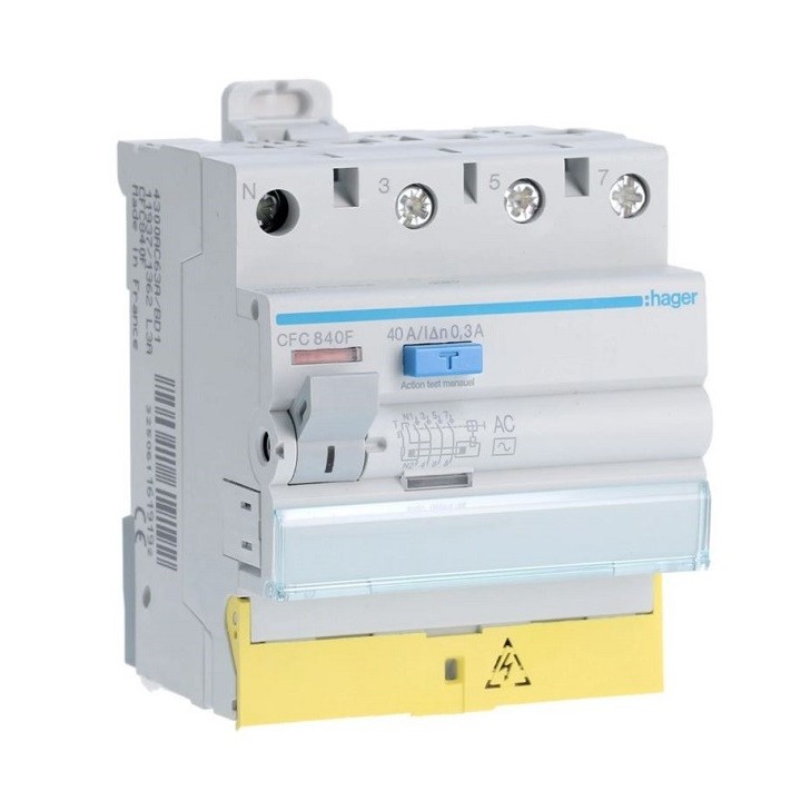 Hager - Interrupteur différentiel 3P+N 40A 300mA type AC à bornes décalées - Réf : CFC840F
