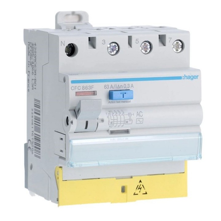 Hager - Interrupteur différentiel 3P+N 63A 300mA type AC à bornes décalées - Réf : CFC863F