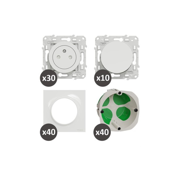 Schneider Probox Odace - Lot de 30 prises + 10 va-et-vient + 40 plaques + 40 boîtes - Blanc - Réf : PBX0004