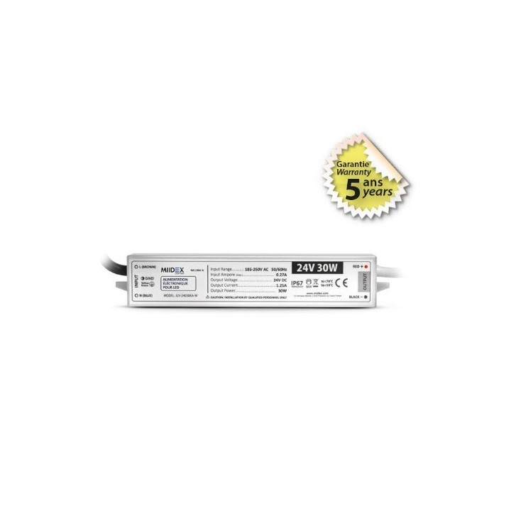 Miidex lighting - Alimentation pour LED 30W - 24V DC - IP67 - Garantie 5 ans - Réf : 100466