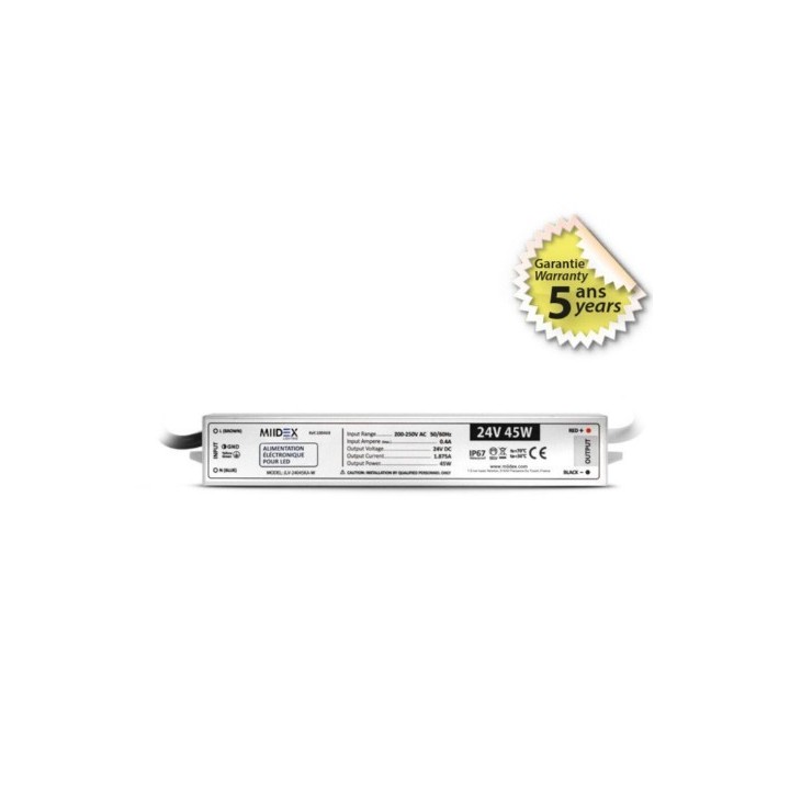 Miidex Lighting - Alimentation pour LED 45W - 24V DC - IP67 - Garantie 5 ans - Réf : 100468