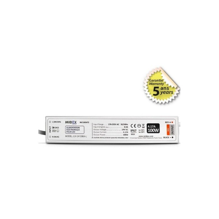 Miidex Lighting - Alimentation pour LED 100W - 24V DC - IP67 - Garantie 5 ans - Réf : 100472