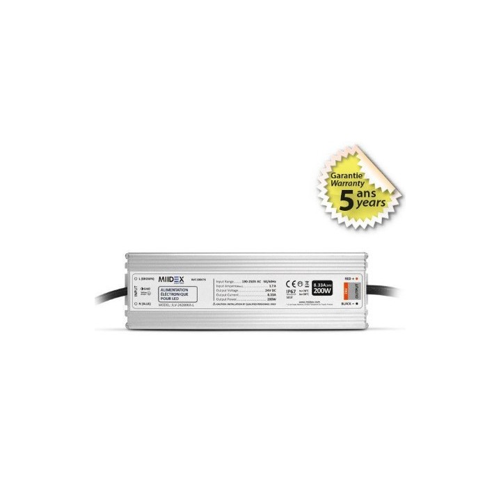 Miidex Lighting - Alimentation pour LED 200W - 24V DC - IP67 - Garantie 5 ans - Réf : 100476