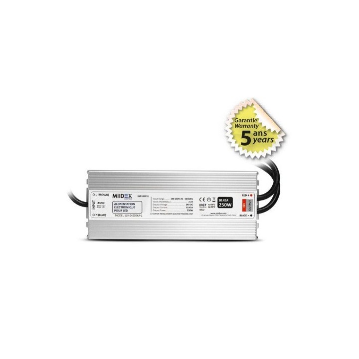 Miidex Lighting - Alimentation pour LED 250W - 24V DC - IP67 - Garantie 5 ans - Réf : 100478