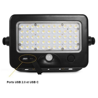 Miidex Lighting - Projecteur LED Solaire avec Détecteur 10W 4000K IP44 + Chargeur USB - Réf : 80802