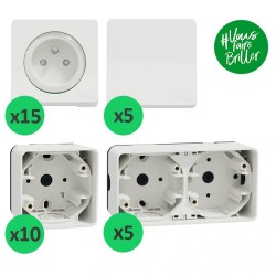 Schneider Mureva Styl - Lot de 15 prises + 5 va-et-vient + 10 cadres 1 poste + 5 boîtes 2 postes - Blanc - Réf: PBX0009