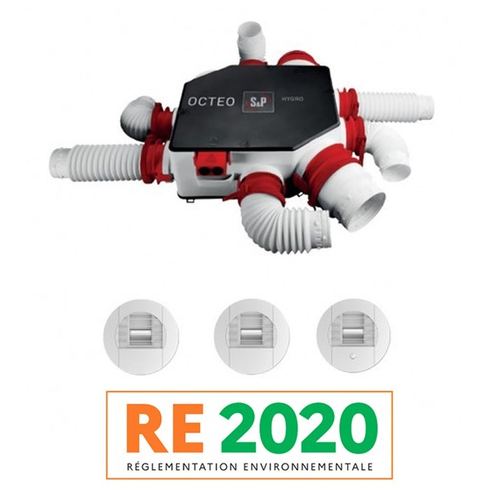 S&P - Kit VMC Simple-Flux Hygroréglable - OCTEO HYGRO ECOWATT HP+ - Habitat du T1 au T7 - Réf : 607911