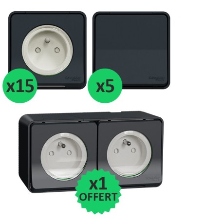 Schneider Probox Mureva Styl - Lot de 15 prises + 5 va-et-vient + 1 double prise OFFERTE - Saillie - Anthracite - Réf : PBX0005
