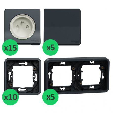 Schneider Mureva Styl - Lot 15 prises +5 va-et-vient +10 cadres 1 poste +5 cadres 2 postes -Encastrés -Anthracite - Réf: PBX0006