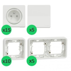Schneider Mureva Styl - Lot 15 prises + 5 va-et-vient + 10 cadres 1 poste + 5 cadres 2 postes - Encastrés - Blanc - Réf: PBX0008